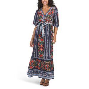 CELINA MOON Navy Blue Short Sleeve Floral Maxi Dress With Belt